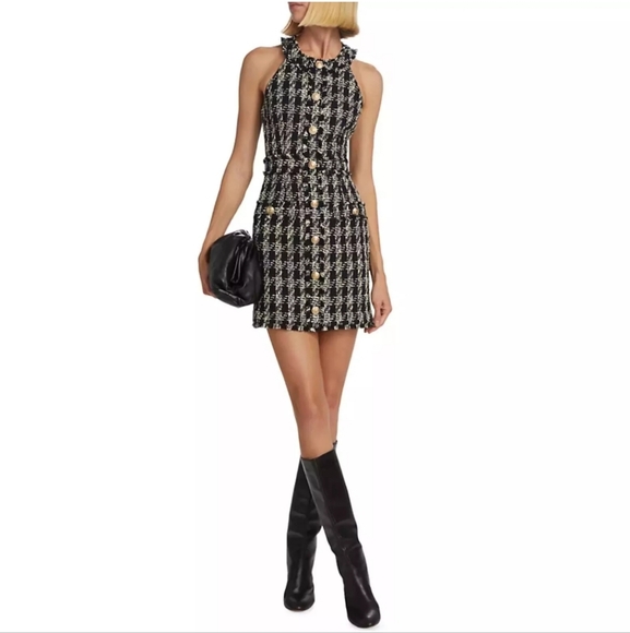 NWT$475 L'AGENCE Jade Tweed Button Mini Dress Houndstooth Black White Gold US 10 - Picture 5 of 16
